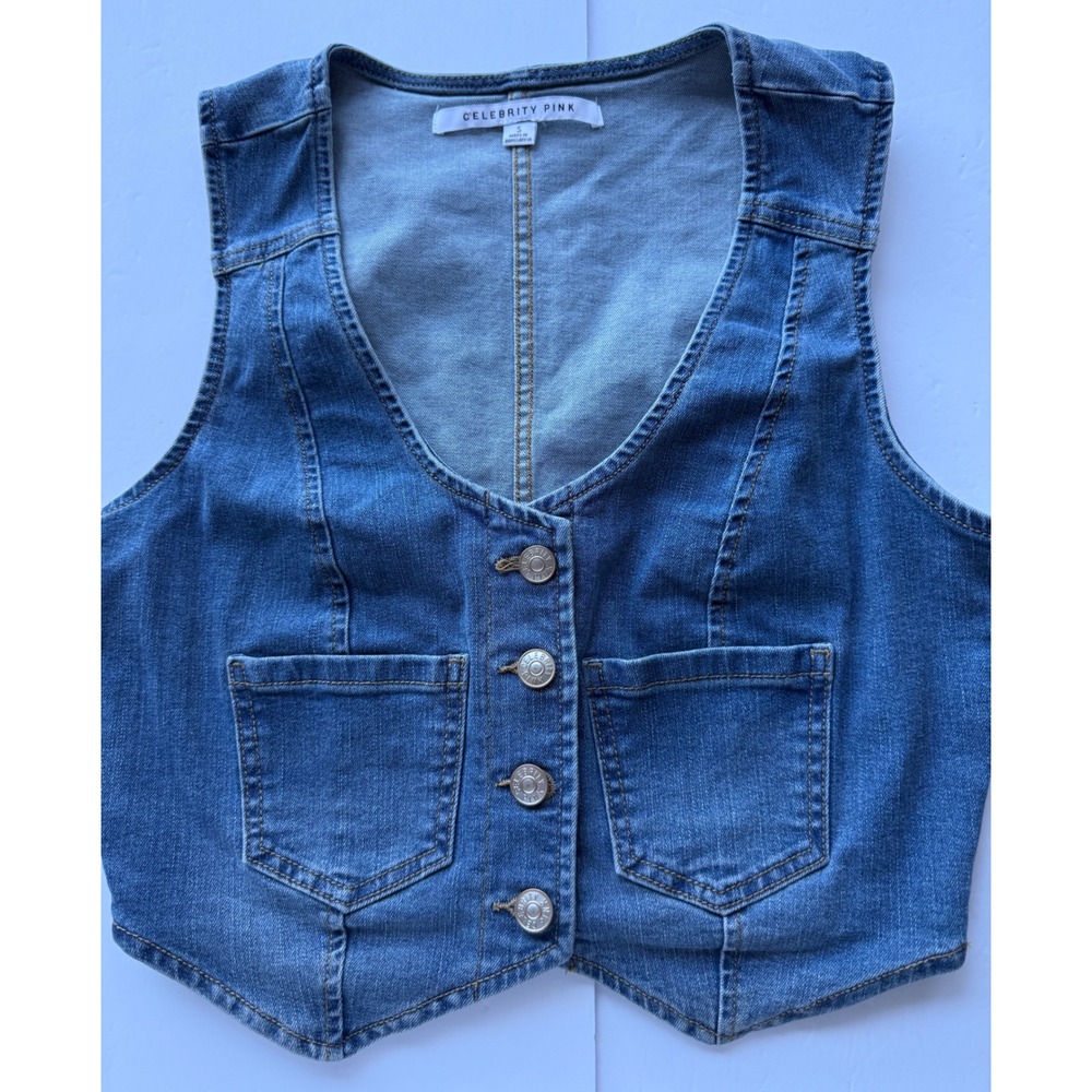 Celebrity Pink Denim Vest Medium Wash Blue Button Front Cropped Size S NWT